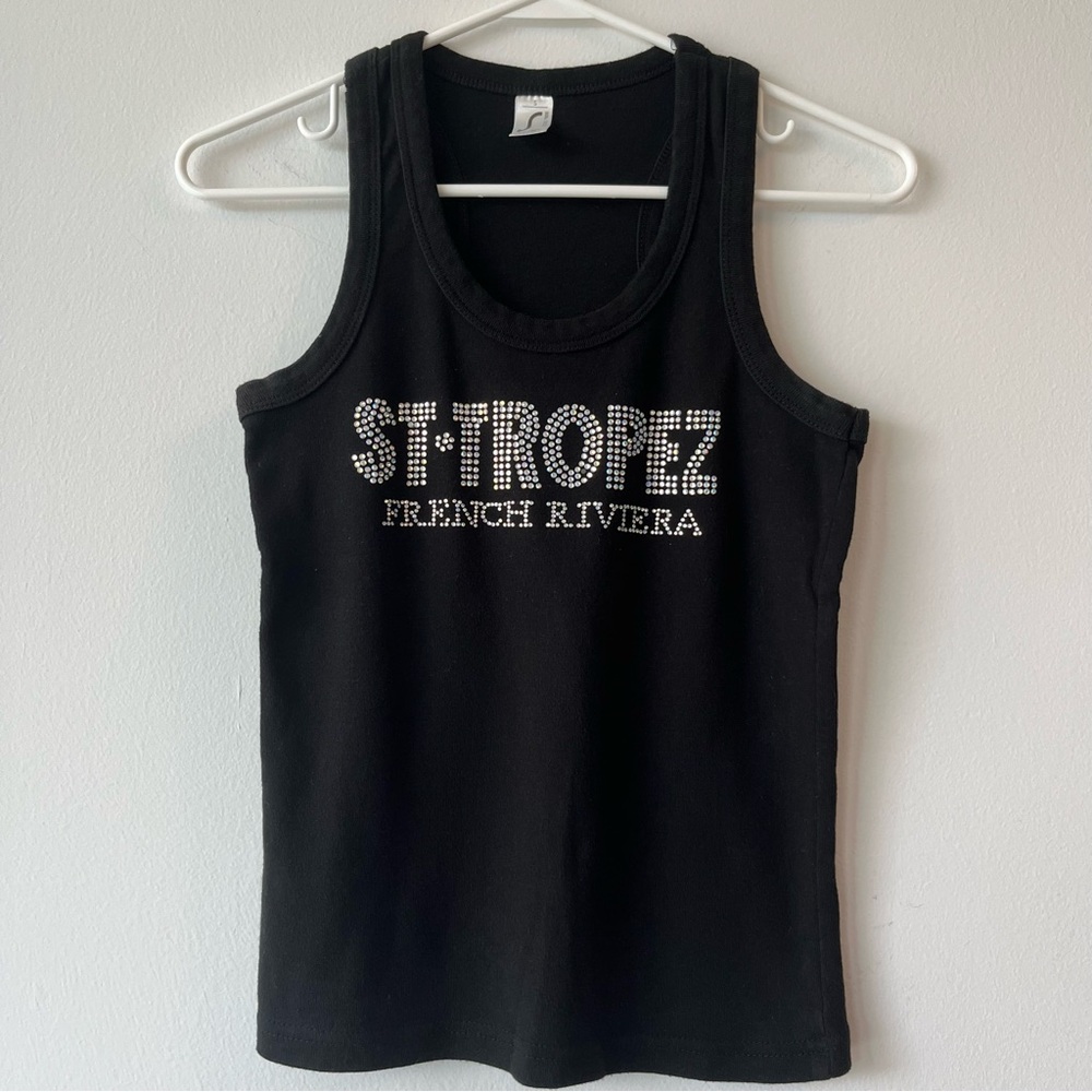 Womens Black Rhinestone Bling Studded Tank Top ST TROPEZ French Riviera Spellout